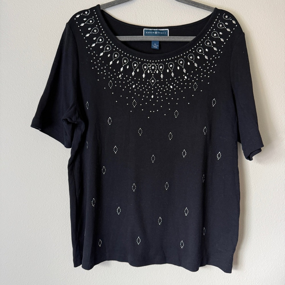 Karen Scott Women XL Black Studded Embellished Neckline Cotton Short Sleeve Top